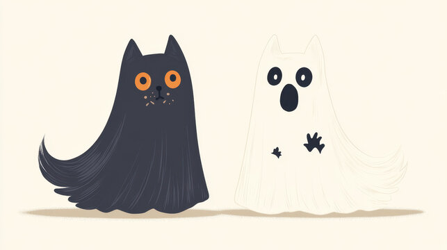 Spooky ghost costumes on pets create fun and eerie atmosphere, perfect for Halloween celebrations. These playful designs feature black cat and white ghost, adding charm to any festive occasion