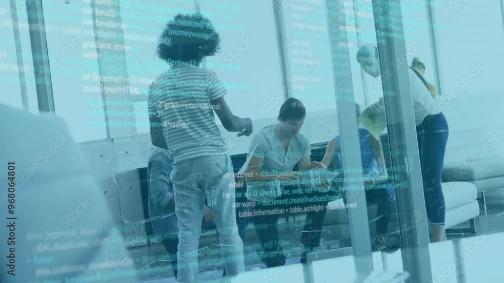 Poster animation of data processing over diverse colleagues talking in office
