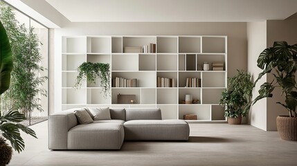 A contemporary living room with minimalist design elements presents a white, square bookcase. A gray sofa complements the space, while plants add a touch of nature