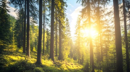 Fototapeta premium A tranquil mountain forest with tall pine trees, dappled sunlight filtering through the branches, and a serene atmosphere