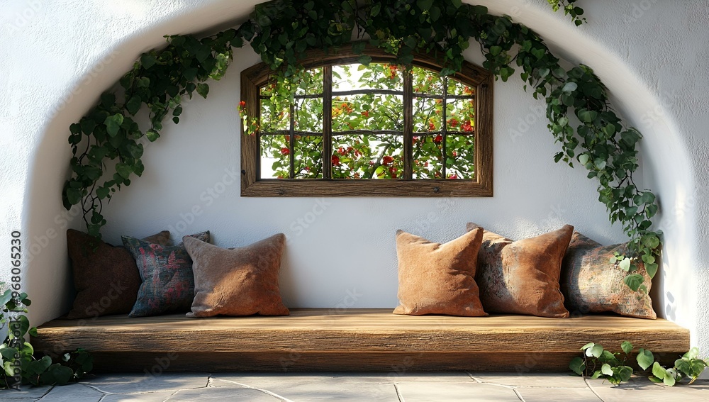 Poster a bench with pillows and a window.