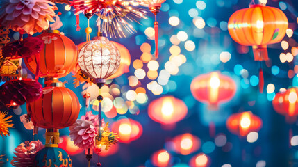 Close-up of decorative Chinese lanterns with bokeh lights