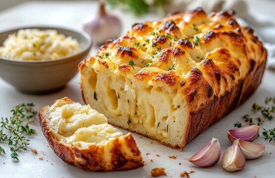 Loaf of garlic and cheese pull-apart bread with melted cheese, fluffy texture, and crispy golden crust
