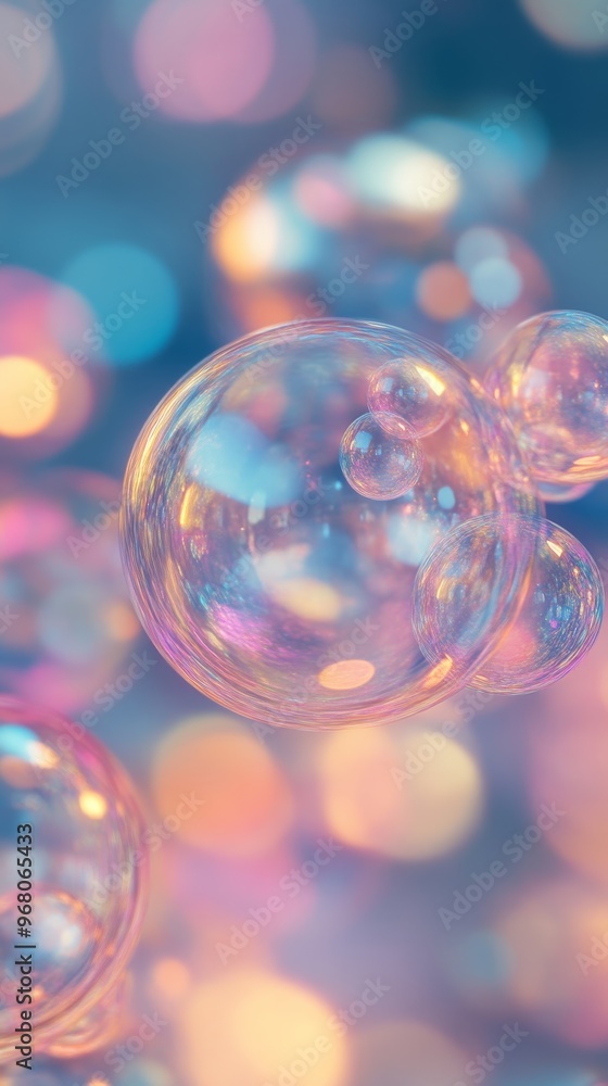 Poster colorful soap bubbles with bokeh background, abstract dreamlike visuals. artistic and whimsical conc