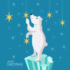 Cartoon polar bear and Christmas star. Arctic animal on ice crystals. Merry Christmas, hand lettering, signed postcard. Winter illustration, snow, ice floe, snowflakes. Isolated color background.