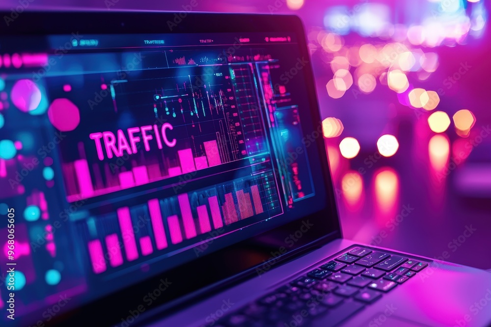 Poster A laptop displays colorful graphs and data about digital traffic, set against a backdrop of soft, glowing lights during nighttime, creating an engaging atmosphere for analysis