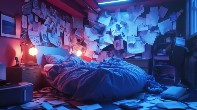 A cozy bedroom lit by neon lights, with a bed surrounded by scattered papers and notes on the walls, suggesting creativity and inspiration.