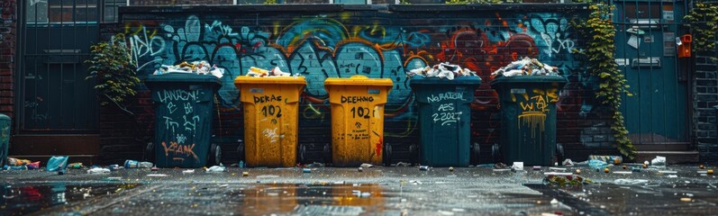 Obraz premium A yellow trash can sitting in front of a building