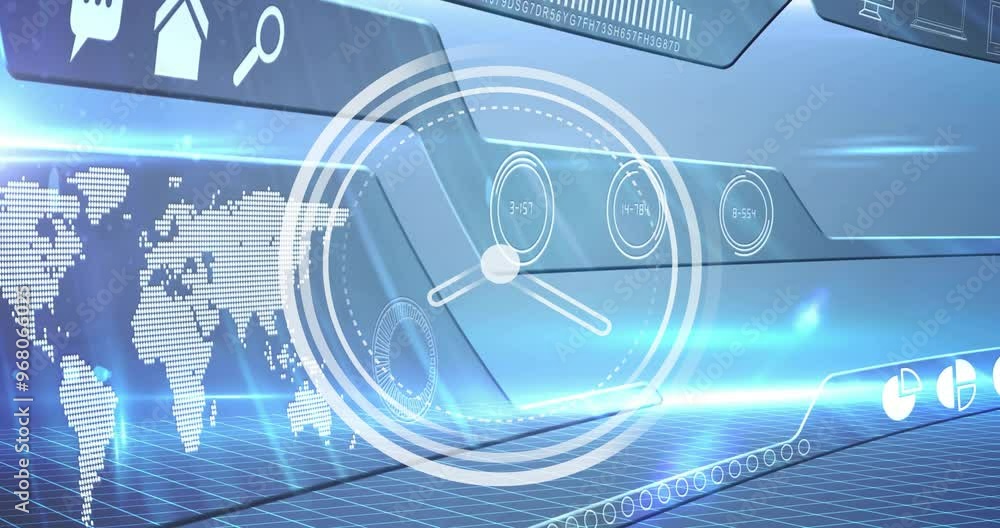 Poster animation of moving clock over digital interface with world map on grey background
