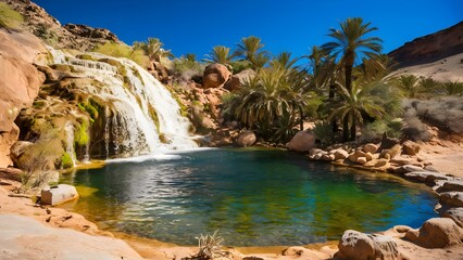 Obraz premium Cascading Waterfall in a Desert Oasis Flowing into a Clear Pool