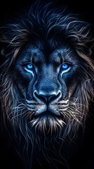 An abstract, glowing lion on a black background with glowing blue eyes