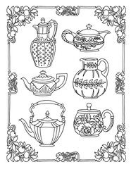 Antique Vintage Coffee and Tea Pots Coloring Page for Adults in Art Nouveau Victorian Style, Vector Black and White Illustration