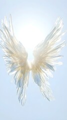 Angel wings spread wide, capturing sunlight, with a clear sky serving as a tranquil backdrop