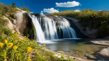Cascading Waterfall Surrounded by a Lush Meadow
