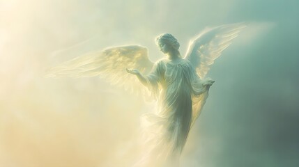 A serene angelic figure with soft light emanating from behind, set against a light pastel-colored background