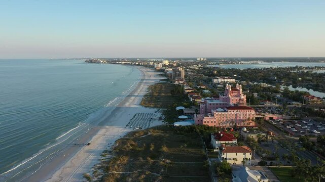 Aerial view of sandy beach and ocean at The Don Cesar, St. Pete Beach, United States.