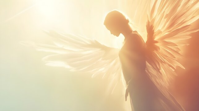 A serene angelic figure with soft light emanating from behind, set against a light pastel-colored background