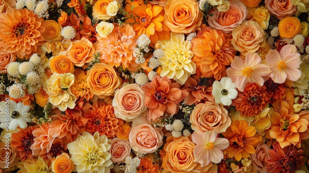 Poster a colorful arrangement of various flowers featuring shades of orange, cream, and hints of yellow fil
