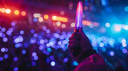 Colorful Light Stick Illuminating a K-Pop Concert with Vibrant Neon Lights and Blurred Audience, Generated AI