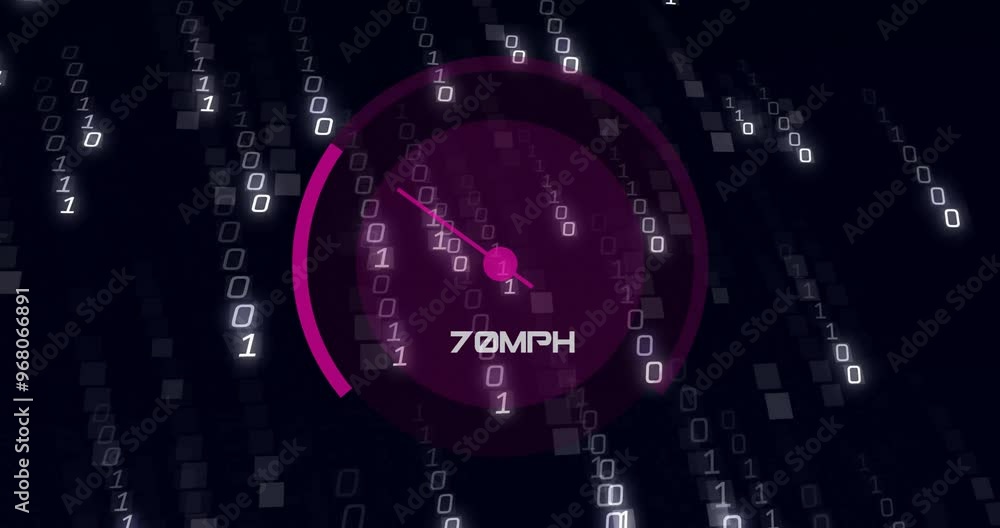 Poster animation of speedometer over data processing on black background