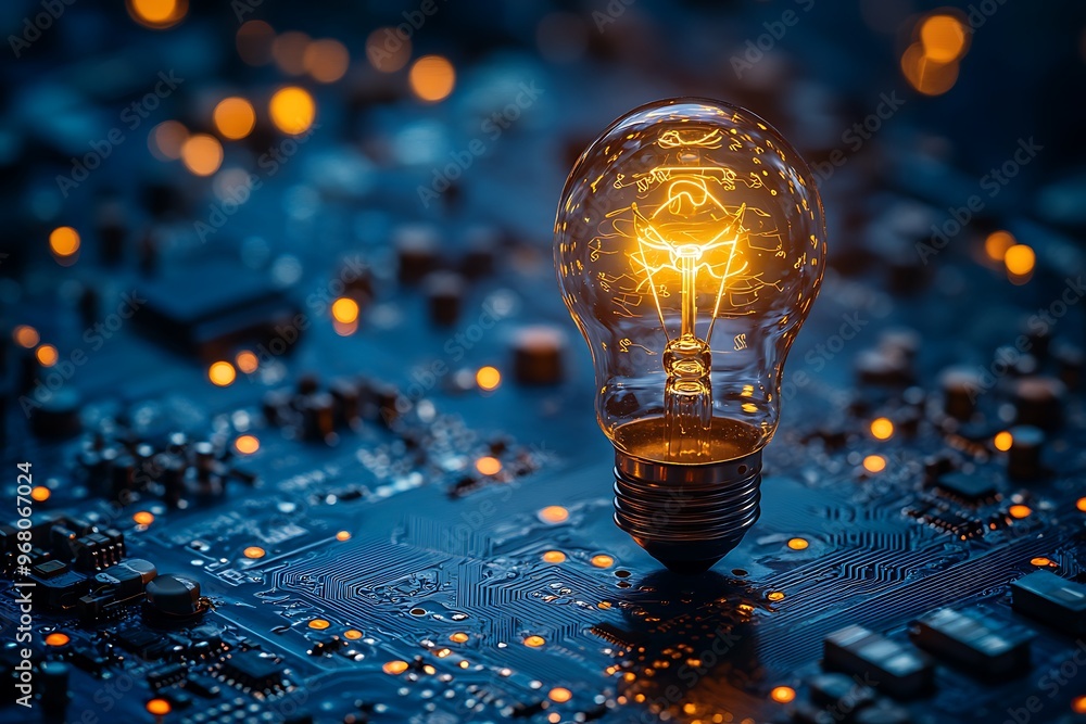 Aufkleber light bulb shining on circuit board symbolizing innovation