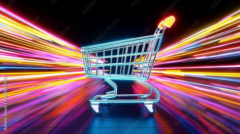 Poster a brightly lit shopping cart is captured with streaks of multicolored lights, creating a sense of mo