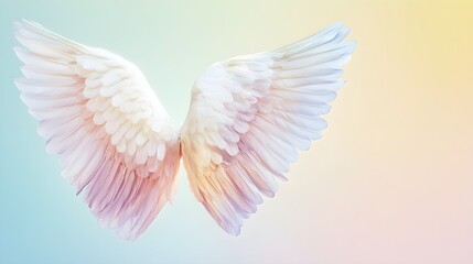 Obraz premium A pair of angel wings spread wide against a soft pastel background, showcasing intricate feather details