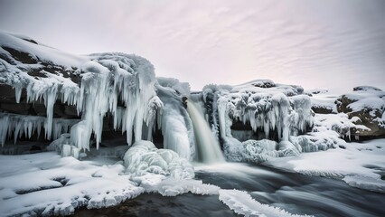 Frozen Waterfall in a Wintry Landscape with Ice Formations