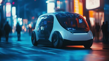 Naklejka premium Futuristic White Electric Car Driving at Night in a City