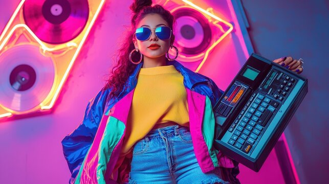 A woman stands confidently, wearing an 80s-inspired outfit and stylish sunglasses, holding a vintage boombox against a vibrant neon-lit backdrop