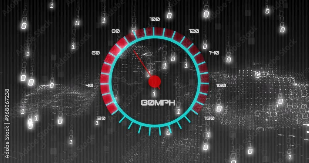 Poster animation of speedometer over data processing on black background