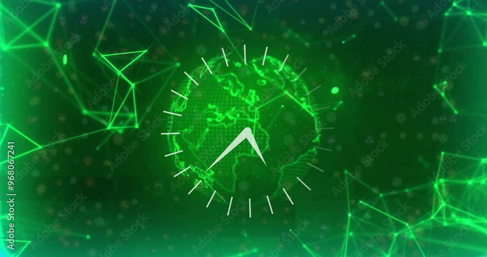Poster animation of moving clock over globe and network of connections on black background