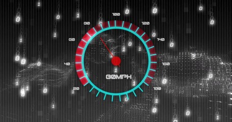 Animation of speedometer over data processing on black background - Powered by Adobe