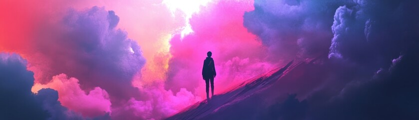 A lone figure stands on a hillside bathed in a vibrant pink and purple sky.
