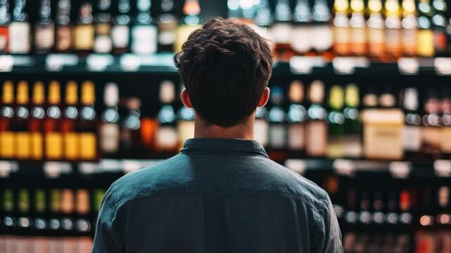 A customer man stands thoughtfully in front of a wide variety of wine bottles in a liquor store at dusk, choosing alcohol drink for the night