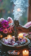 Hand holding sage bundle with candles, crystals, and flowers for meditation