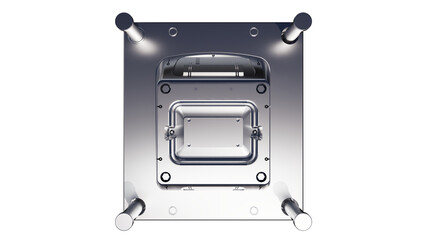 top view of a 3D injection mold, plastic, resin, mold. Cups, boxes, toolboxes. The production process for Plastic injection mold. Injection molding machine used for the forming of plastic parts using 