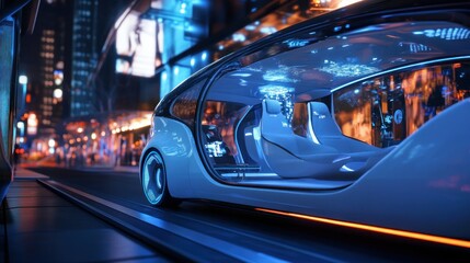 Fototapeta premium Futuristic Autonomous Vehicle Driving on a City Street at Night