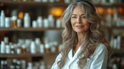 A woman with long, wavy hair smiles warmly while wearing a white coat in a wellness shop filled with skincare products. The setting reflects a calm and inviting atmosphere