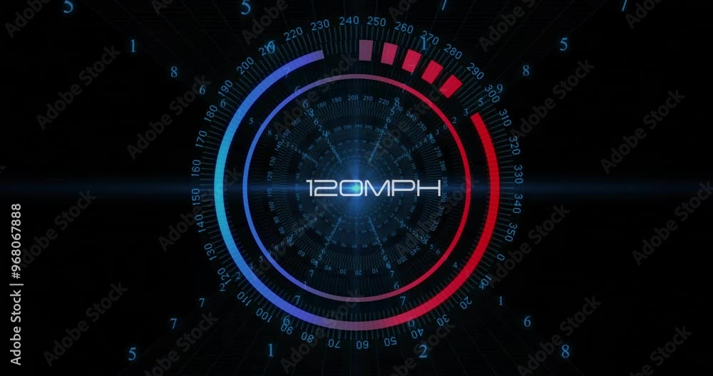Poster animation of speedometer over data processing on black background