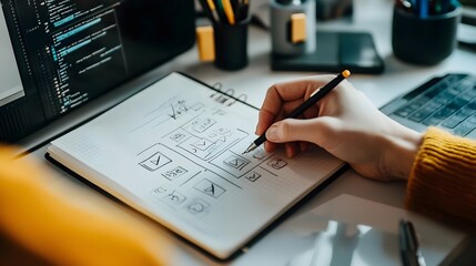 A hand sketching ideas on a notepad with a minimalistic workspace in the background