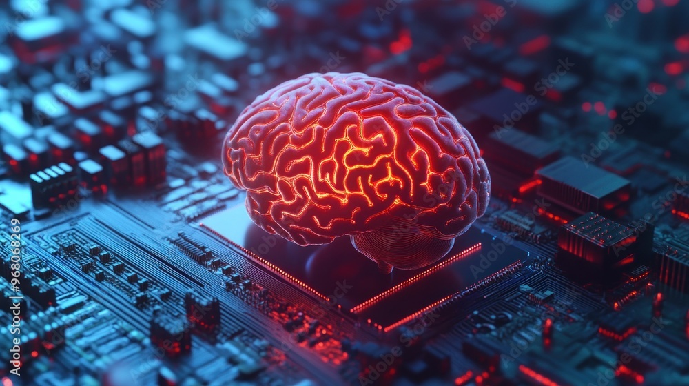 Poster a glowing red brain resting on a circuit board