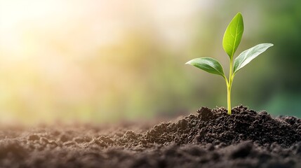 A young green plant sprouting from fertile soil, symbolizing new beginnings and growth, with a light solid color background