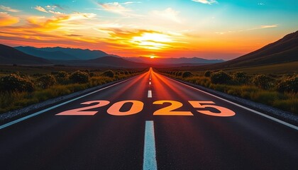 Text 2025 laying on road to infinity. New Year concept