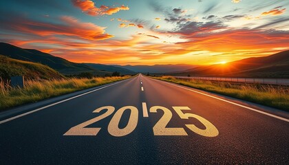 Text 2025 laying on road to infinity. New Year concept