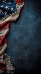 Ragged American flag on dark blue textured background