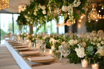 Fototapeta premium Sophisticated wedding reception featuring elegant floral arrangements, beautifully set tables, and romantic ambiance. Perfect for wedding themes.