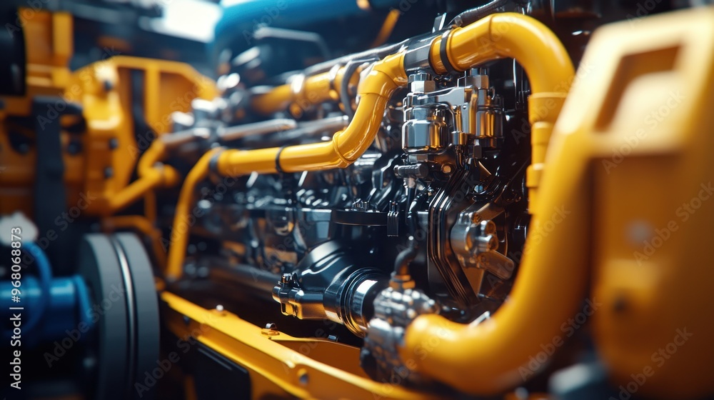 Poster close-up of a shiny yellow engine with chrome components