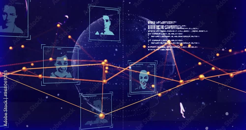 Poster animation of connections and data processing with portraits over globe on black background