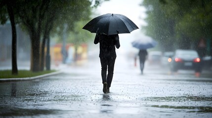 An adult walking briskly with an umbrella under heavy rain, surrounded by puddles, showcasing the importance of rain safety in a vibrant setting